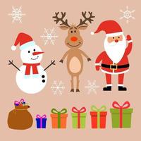 Santa azul, ciervo, muñeco de nieve, bolsa de regalo y cajas de regalo conjunto de ilustraciones vectoriales vector