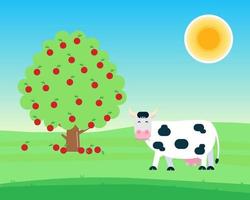 Landscape with black white spotted cow stand and chew with grass in its mouth near fruit tree with apples flat style vector illustration. Blue sky and sunlight. Symbol of the milk producing.