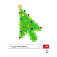 Computer mouse cursor arrow pointer like green christmas tree with balls and star. Merry Christmas and Happy New Year to you Flat style design vector illustration isolated on white background.