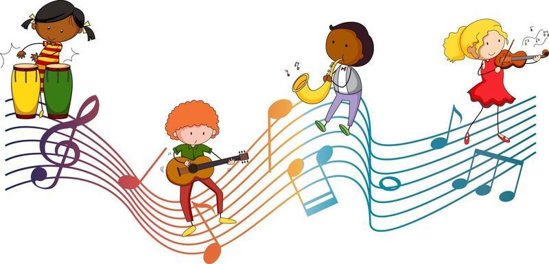 Musical melody symbols with many doodle kids cartoon character