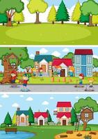 Set of different horizontal scenes background with doodle kids cartoon character vector