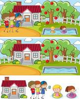 Conjunto de fondo de diferentes escenas horizontales con personaje de dibujos animados de niños doodle vector