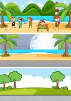 Set of different horizontal scenes background with doodle kids cartoon character vector