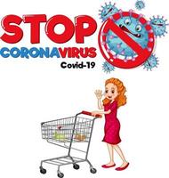 Detener el banner de coronavirus con una mujer de pie junto al carrito de la compra sobre fondo blanco. vector