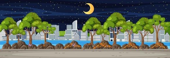 Park horizontal scene with cityscape background at night time vector