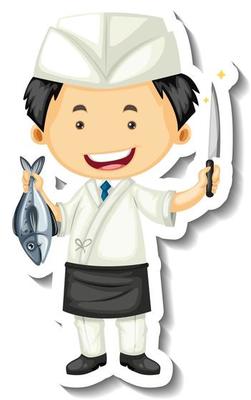 Sticker template with a chef man holds fish and knife isolated