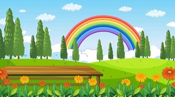 Fondo de escena de parque natural con arco iris en el cielo vector