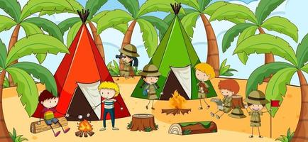 Scene with many kids camping at the beach vector