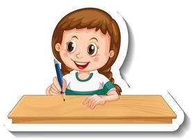 Plantilla de pegatina con una niña escribiendo sobre el personaje de dibujos animados de mesa aislado vector