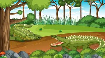Crocodile in forest at daytime scene with many trees vector