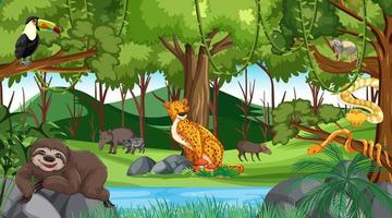 Forest at daytime scene with different wild animals vector