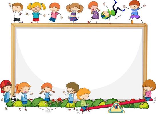 Empty banner with many kids doodle cartoon character on white background