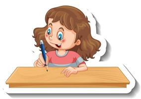 Sticker template with a girl writing on the table cartoon character isolated vector