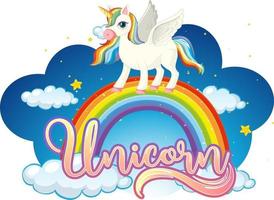 personaje de dibujos animados de unicornio de pie sobre un arco iris con fuente de unicornio vector