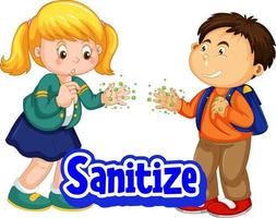 Sanitize font in cartoon style with two kids do not keep social distance isolated on white background vector