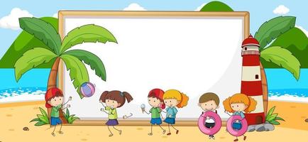 Beach scene with blank banner and many kids doodle cartoon character vector