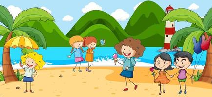 Escena de playa con muchos niños doodle personaje de dibujos animados vector