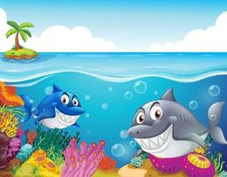 Many sharks cartoon character in the underwater background vector