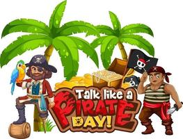 Talk Like A Pirate Day font banner with pirate cartoon character vector