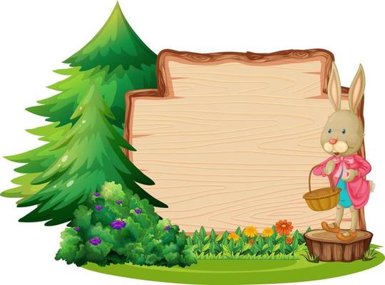 Empty wooden board with a rabbit and garden element isolated