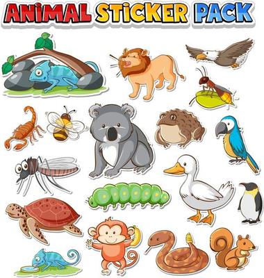 Cute wild animals sticker pack isolated