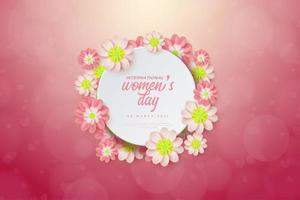Fondo del día de la mujer en medio de un círculo blanco decorado con flores. vector