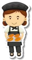 Sticker template with a baker girl holds baked tray isolated vector