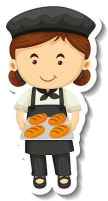 Sticker template with a baker girl holds baked tray isolated