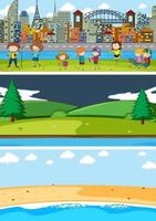 Set of different horizontal scenes background with doodle kids cartoon character vector