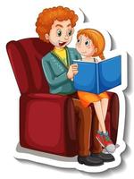 A sticker template with father and his daughter reading a book together vector