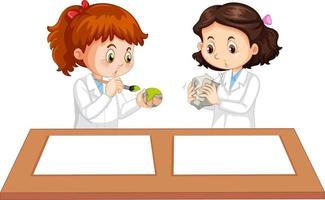 Two young scientist uniform with blank paper on the table vector