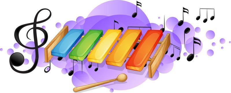 Xylophone musical instrument with melody symbols on purple splotch