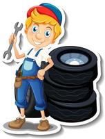 Sticker design with auto mechanic cartoon character vector