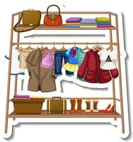 A sticker template of Clothes racks with many clothes on hangers on white background vector