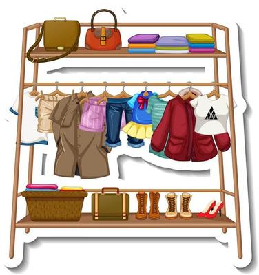 A sticker template of Clothes racks with many clothes on hangers on white background