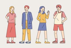 Casual style young people standing and talking. outline simple vector illustration.