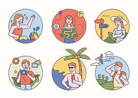 Character design on vacation inside a circle. People swimming, drinking cocktails on the beach, going abroad, looking at maps, finding directions and taking pictures. flat design vector illustration.