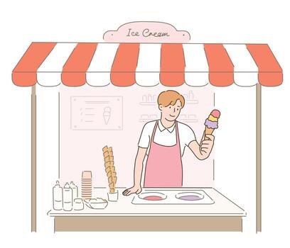 A worker in an ice cream shop is holding a cone of ice cream. hand drawn style vector design illustrations.