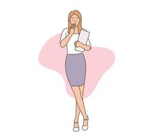 Business woman standing cross-legged and laughing. hand drawn style vector design illustrations.