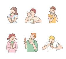 los niños lindos están comiendo helado. ilustraciones de diseño de vectores de estilo dibujado a mano.