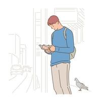 A man is standing at the bus stop and reading a book, with a pigeon next to him. hand drawn style vector design illustrations.