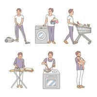 A man is doing housework. hand drawn style vector design illustrations.