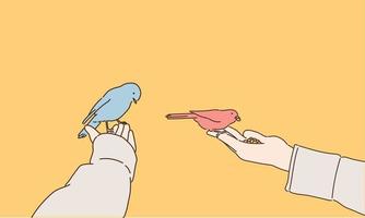 Hand holding cute bird in hand. hand drawn style vector design illustrations.