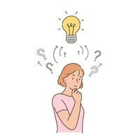 A question mark and a light bulb are floating above a woman's head. hand drawn style vector design illustrations.