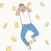 un hombre tiene una expresión feliz después de ganar el premio mayor y las monedas flotan en el fondo. ilustraciones de diseño de vectores de estilo dibujado a mano.