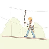 A young boy in safety gear is crossing a one-line bridge. hand drawn style vector design illustrations.