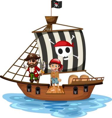 Pirate concept with a boy cartoon character walking the plank on the ship isolated