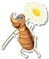 Sticker template with cartoon character of a beetle holding a flower isolated vector