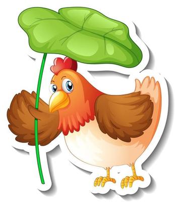 Sticker template with cartoon character of a chicken holding a leaf isolated