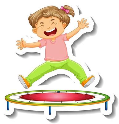 Sticker template with a little girl jumping on trampoline cartoon character isolated